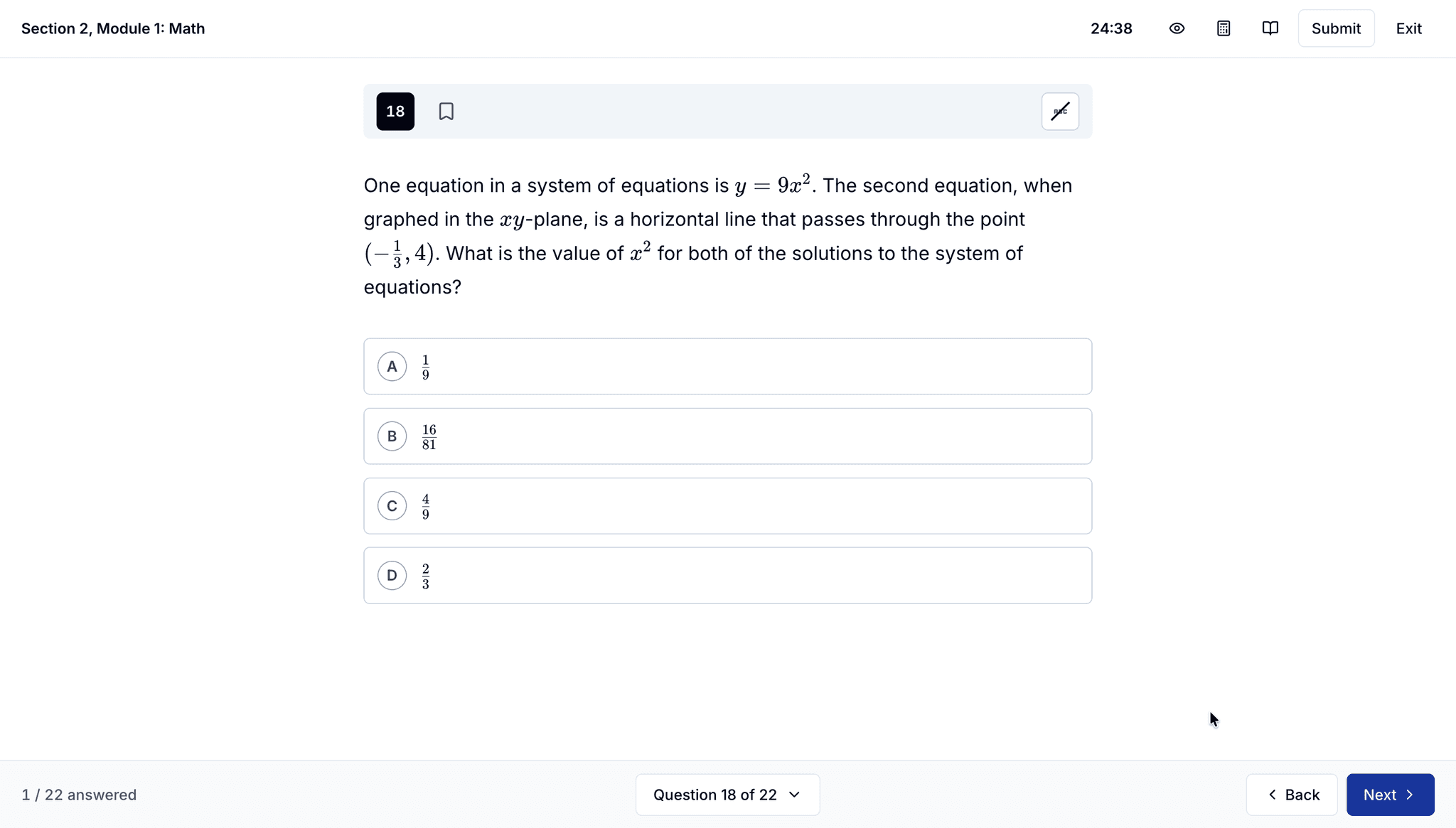 PeakSAT assessment screen showing an SAT-format math question with multiple-choice answers
